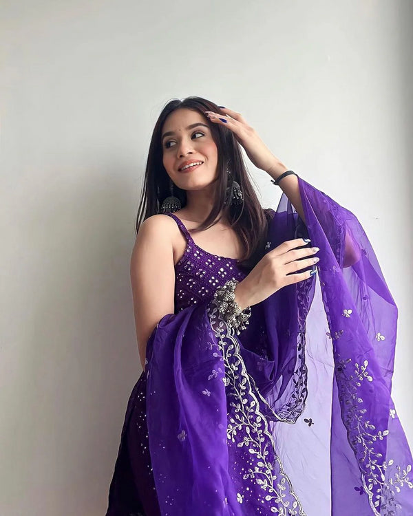 Party Wear Sharara Suit In Purple Color With Heavy Embroidery Work